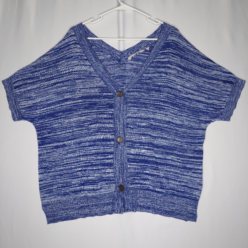 Soft Surroundings Cardigan Women XL‎ Blue Knit Short Sleeve V-Neck Button V-Back